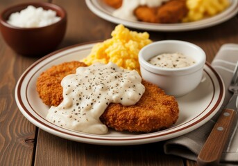 Delicious Chicken Fried Steak with Creamy Country Gravy, Scrambled Eggs, and Rice on a Plate. Rustic Food Photography.