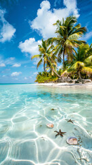 Clear turquoise water reveals a sandy seabed with sea stars, with palm trees and a blue sky in the background