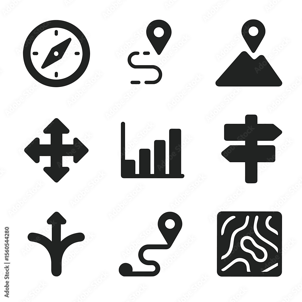 Poster navigation icon set. solid, filled icon set of navigating through terrain: compass, gps path, altitu