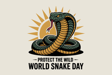 Angry cobra with rising sun background for world snake day badge celebrating reptile awareness july 16  