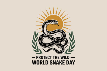 Vintage style snake with leaves and sunburst background for world snake day july 16 wild animal protection print  
