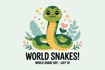 Cute snake cartoon image with pastel leaves and smiley face for world snake day awareness kids design badge  
