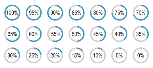 Round simple diagrams icons for infographics from 0 to 100 percent. Blue, grey color fill divided pie charts indicators. Percentage infographics minimal elements. Circle graph loading progress.