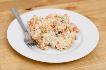 Vegetable salad made of cooked vegetables with mayonnaise