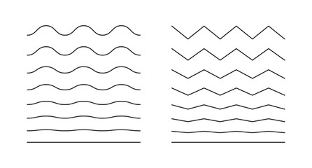 Wavy, curvy, zigzag minimalist lines. Undulate borders, transverse horizontal line. Sine, fluid, air, wind signs. Water, river, lake, sea, ocean simple symbol. Outline thin graphic illustration.