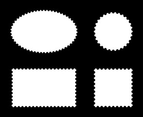 Set of postage stamp frames. Empty borders, backgrounds for postcards, letters. Tags, labels, coupons, boxes with curvy, wiggly, wavy perforated edges. Blank circle, rectangular vintage stamps.
