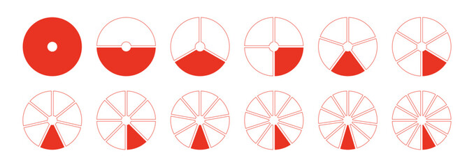 Circles divided diagrams 1, 2, 3, 10, 7, 8, 9, 10, 11, 12 equal parts. Red segments wheel round divide infographic. Graph pie, pizza shape section charts simple icons. Coaching blank template. 