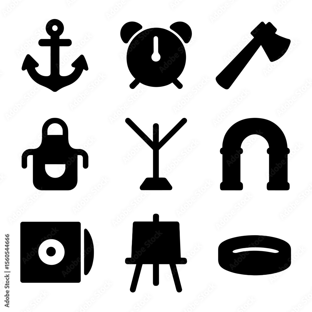 Aufkleber objects starting with a. solid, filled icon set of objects starting with a: anchor, alarm clock, axe