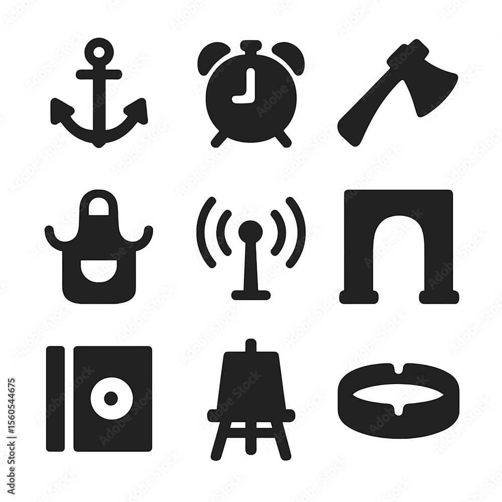 Aufkleber objects starting with a. solid, filled icon set of objects starting with a: anchor, alarm clock, axe
