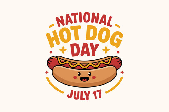 Flat icon hot dog character with funny face and text for national hot dog day celebration on july 17 sticker  