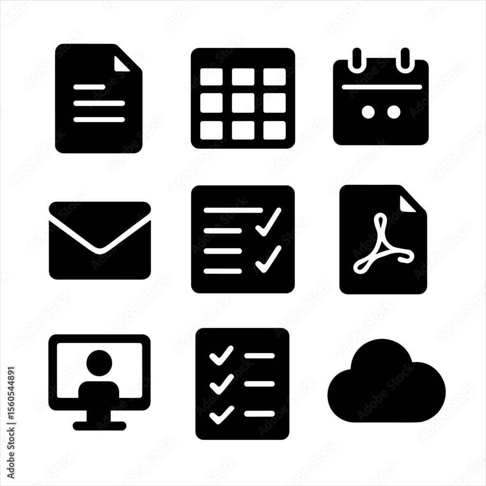 Poster office icons grid. solid, filled icon set of office software usage: word processor, spreadsheet icon