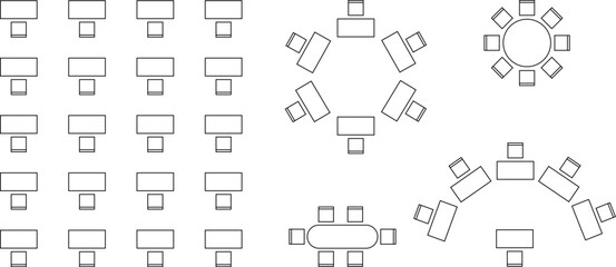 Seat plan icon set, Home, restaurant, seminar, classroom, conference, top view, chair and table, architectural plan with blueprint, customizable stroke, vector, illustration