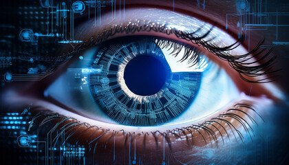 close up of an eye surrounded by digital data representing machine learning in precision medicine