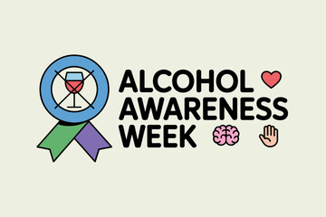 Flat awareness ribbon with glass icon and symbols for alcohol prevention medical community support poster  