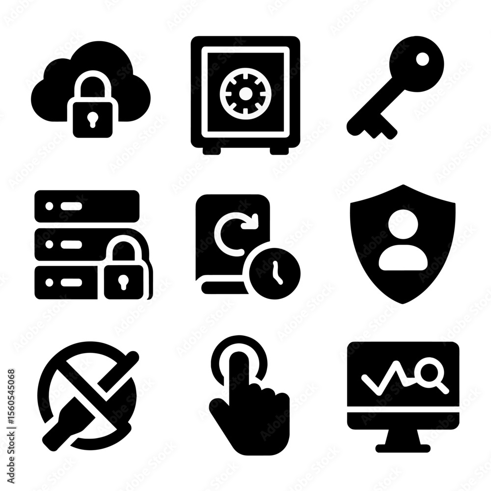 Poster data protection icons. solid, filled icon set of data protection: cloud security, data vault, encryp