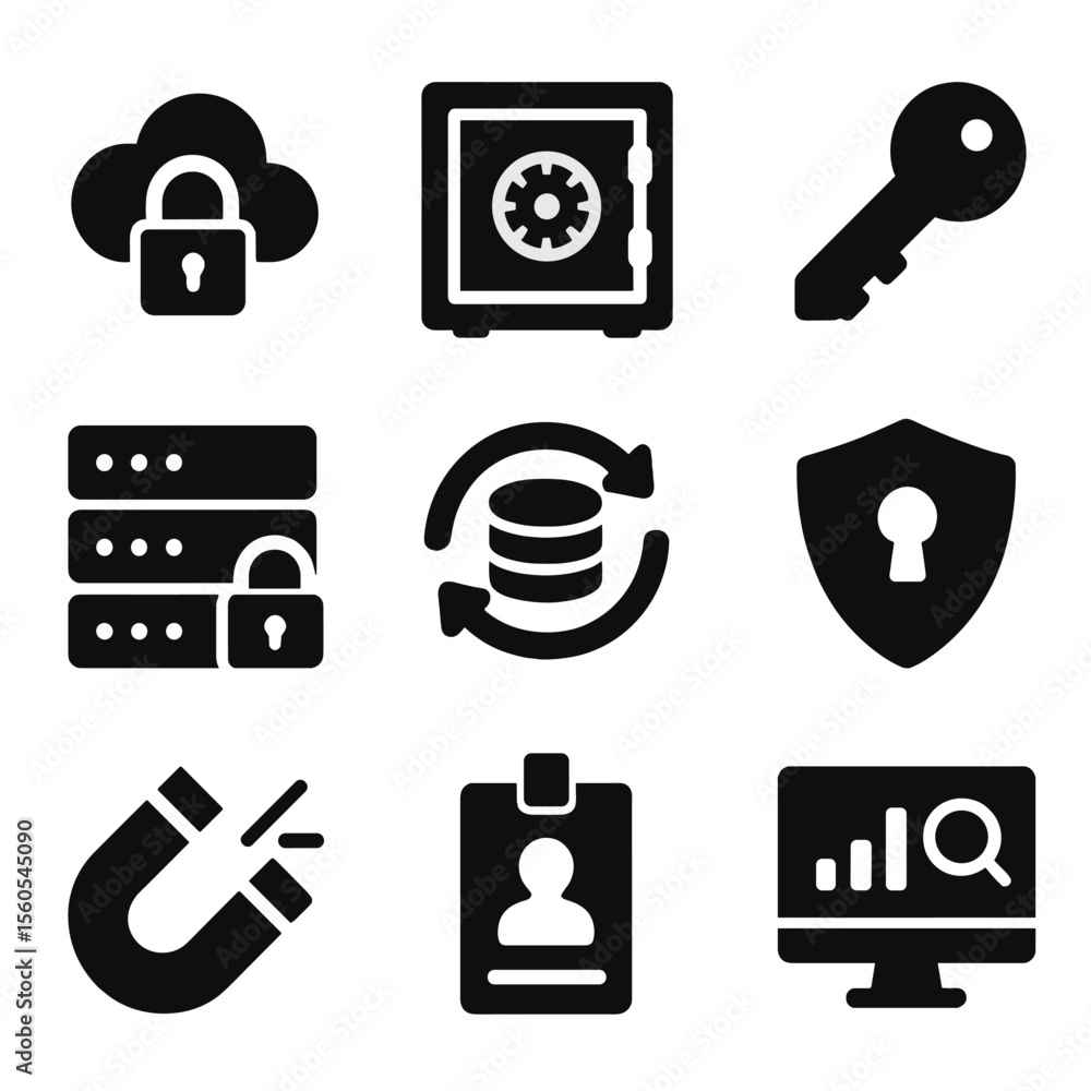 Poster data protection icons. solid, filled icon set of data protection: cloud security, data vault, encryp