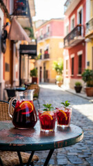 Two glasses of sangria and a pitcher placed on an outdoor table, concept of refreshing drink, vibrant summer mood, inviting setup