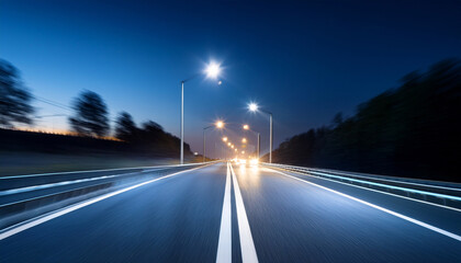 Obraz premium night highway drive with passing car and streetlights in motion