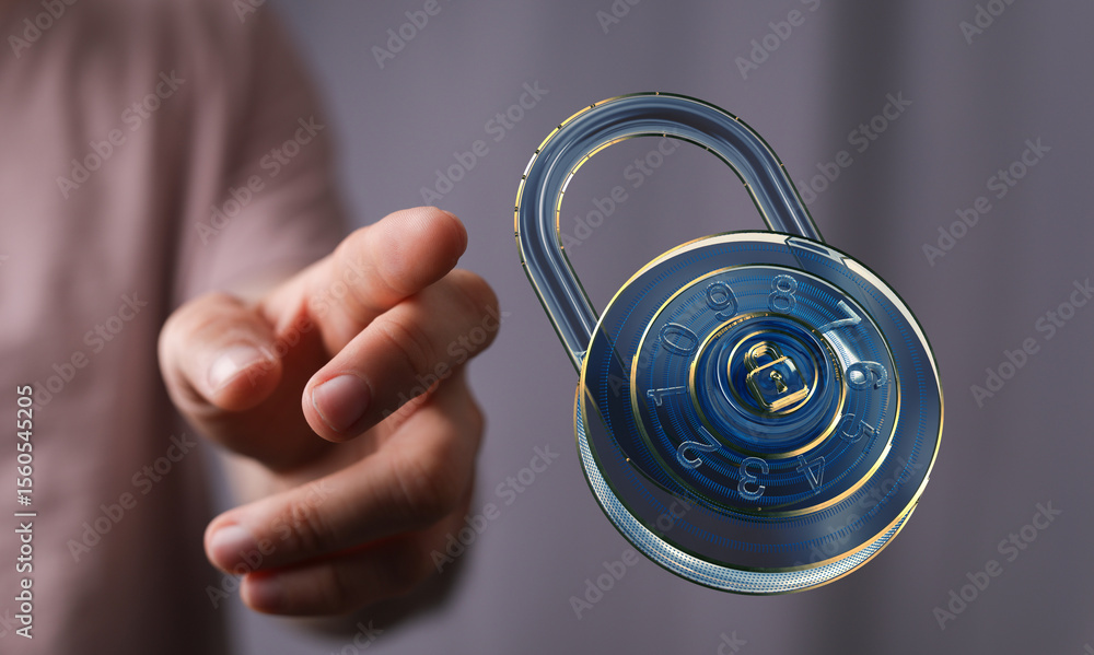 Poster hand reaching for a digital combination lock, symbolizing online security and data protection.