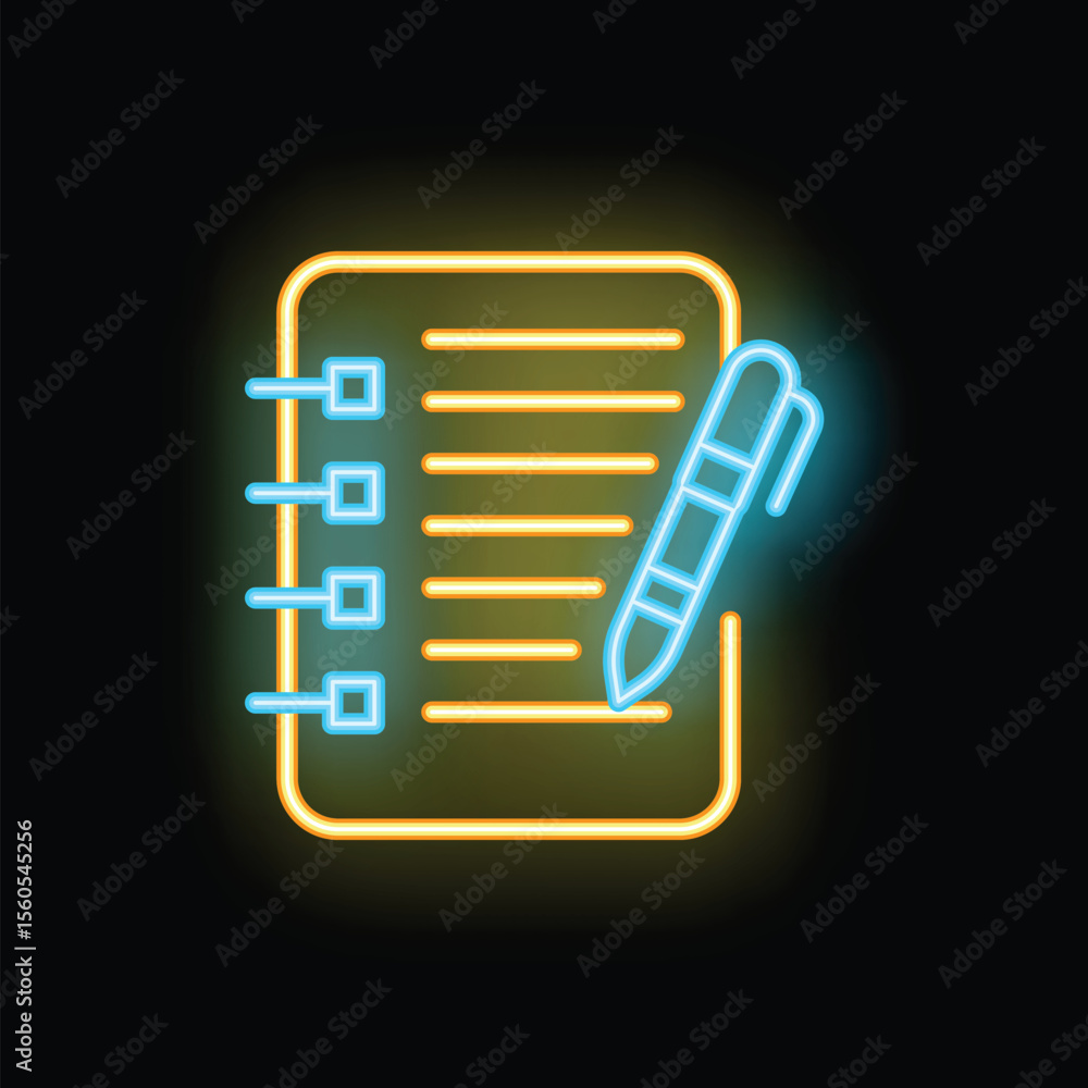 Poster neon sign depicting a pen writing on a notepad, representing the act of taking notes or jotting down