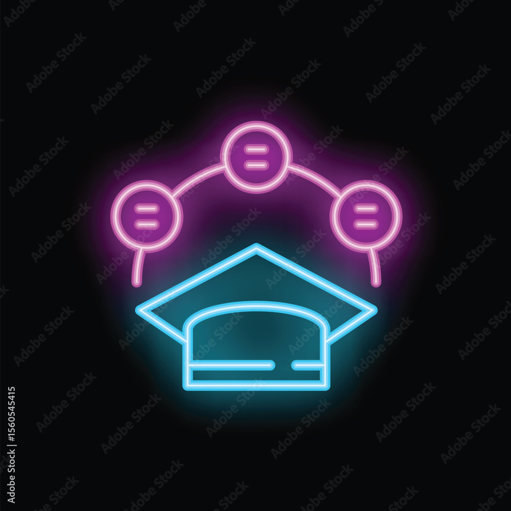 Poster vibrant neon icon showing a graduation cap with three interconnected nodes, symbolizing the collabor