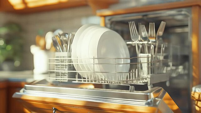 A dishwasher filled with clean dishes, placed in a warm, sunny kitchen