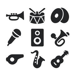 Parade Music Icons. Solid, filled icon set of parade music and sounds: trumpet, drum, cymbals, microphone, speaker, horn, whistle,