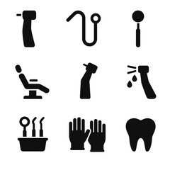 Obraz premium Dental Equipment Icons. Solid, filled icon set of dental drills and equipment: dental drill, suction tube, dental mirror, patient