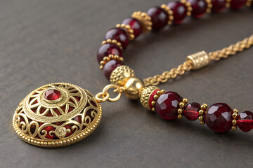 Elegant Gold and Garnet Bead Necklace with Ornate Pendant