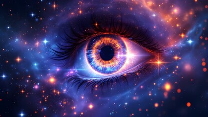 Cosmic eye with colorful iris surrounded by stars nebula and galaxy elements in space creating mystical universe vision and spiritual concept