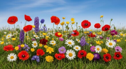 Naklejka premium Vibrant Meadow Bursting with Diverse Wildflowers Under a Clear Blue Sky