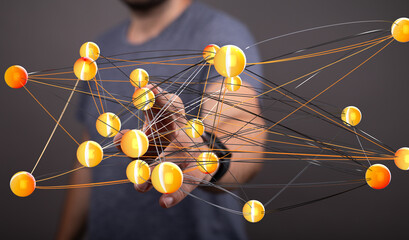 Abstract image of interconnected nodes representing global network, data flow, and digital...