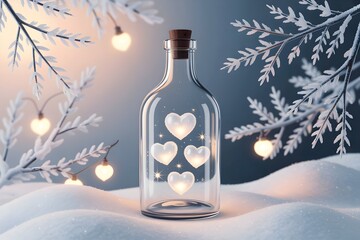 Glass bottle with glowing hearts in winter snow scene surrounded by fairy lights and frosted branches creating magical romantic atmosphere