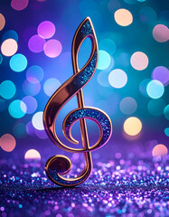 Golden treble clef, music key with blue glitter on teal bokeh background with lights and sparkles, 3d, party vibes