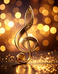 Decorated Golden Music Key, treble clef on gold bokeh background, musical, melody, symbol, icon