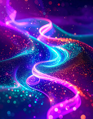 abstract background with glowing wavy teal, purple, blue, fuchsia, red lines with glitter hills and light effect, energy and motion