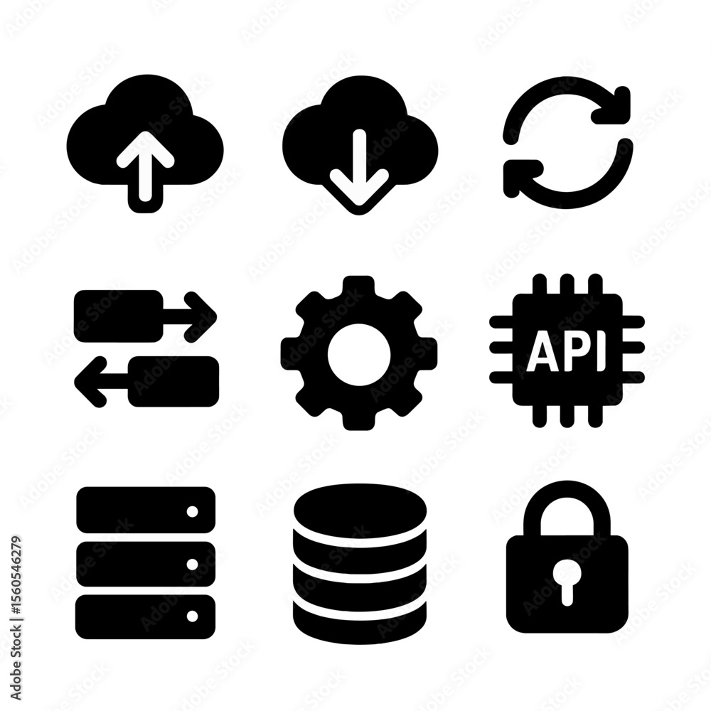 Poster digital workflow icons. solid, filled icon set of digital workflow: cloud upload, cloud download, sy