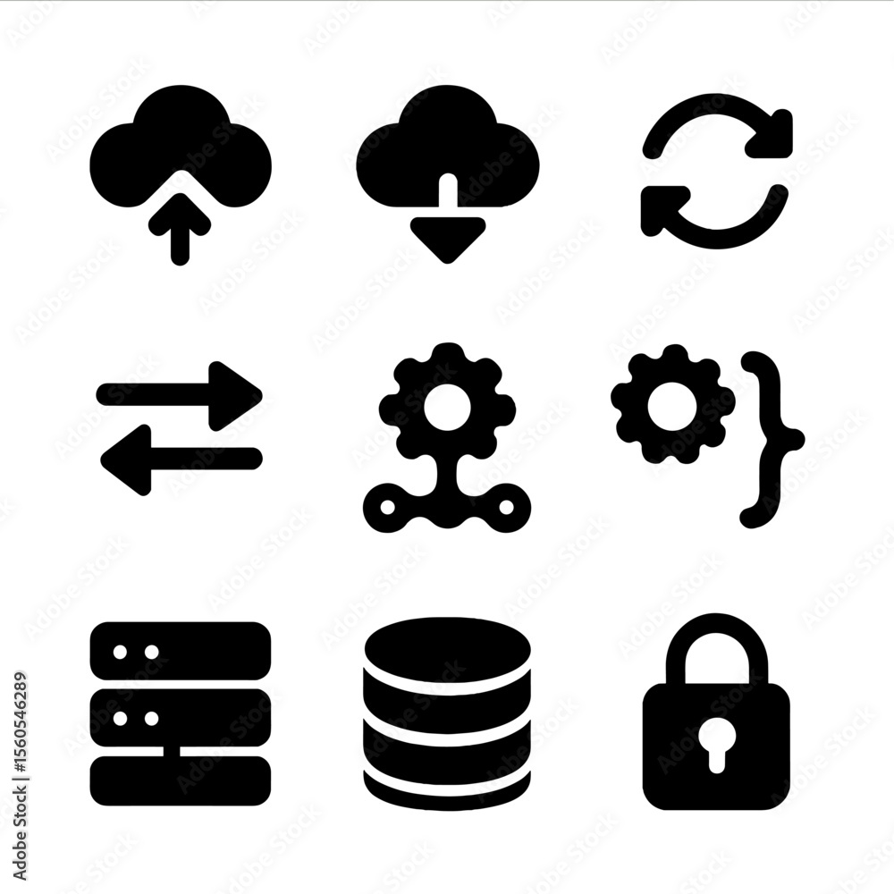 Poster digital workflow icons. solid, filled icon set of digital workflow: cloud upload, cloud download, sy
