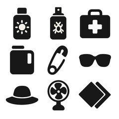 Picnic Essentials Icons. Solid, filled icon set of picnic safety and comfort items: sunscreen bottle, insect repellent, first aid