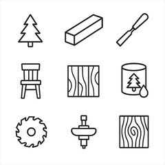 Pine Woodwork Icons. Outline icon set of pine tree uses in woodworking: pine plank, wooden beam, carving chisel, pine furniture,
