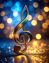 3d treble clef, music key decorated with blue glitter on blue bokeh background with lights and sparkles, 3d