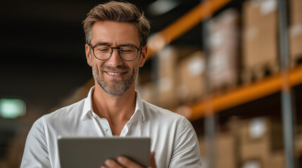 Warehouse Worker with tablet: An astute worker, with eyeglasses, meticulously oversees his inventory in a vast warehouse setting, capturing the essence of modern industry, using tablet.