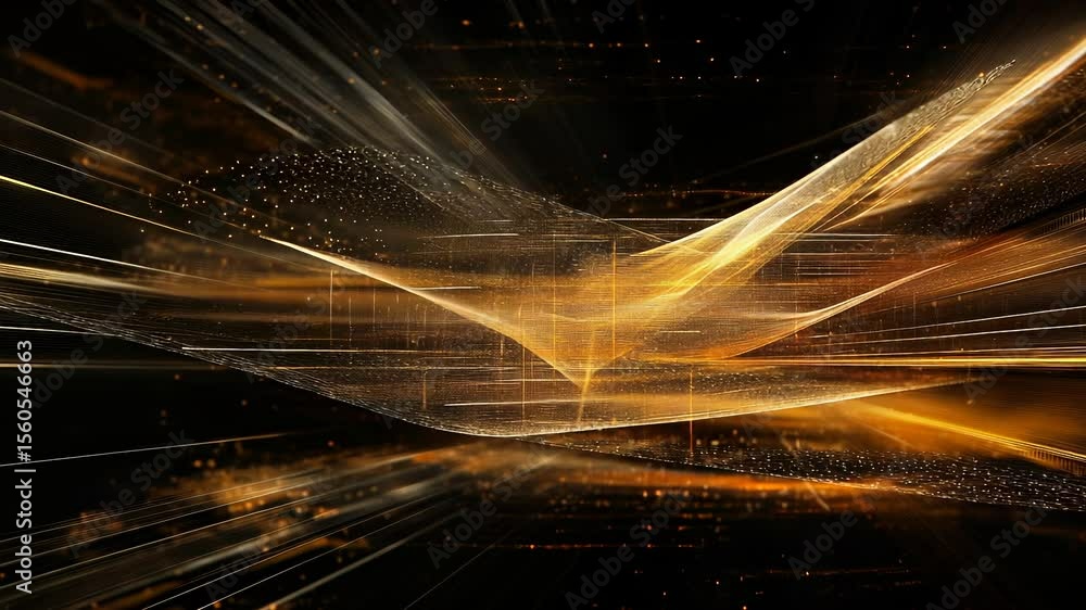 Poster golden abstract digital background with waving lines and sparkling particles