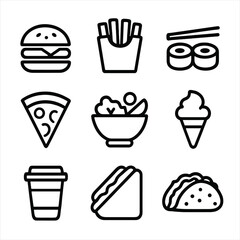 Popular Delivery Foods Icons. Solid, filled icon set of popular delivery foods: burger, fries, sushi, pizza, salad bowl, ice cream