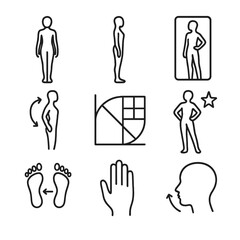 Posing Techniques Icons. Outline icon set of posing techniques: front pose silhouette, side pose silhouette, mirror reflection,