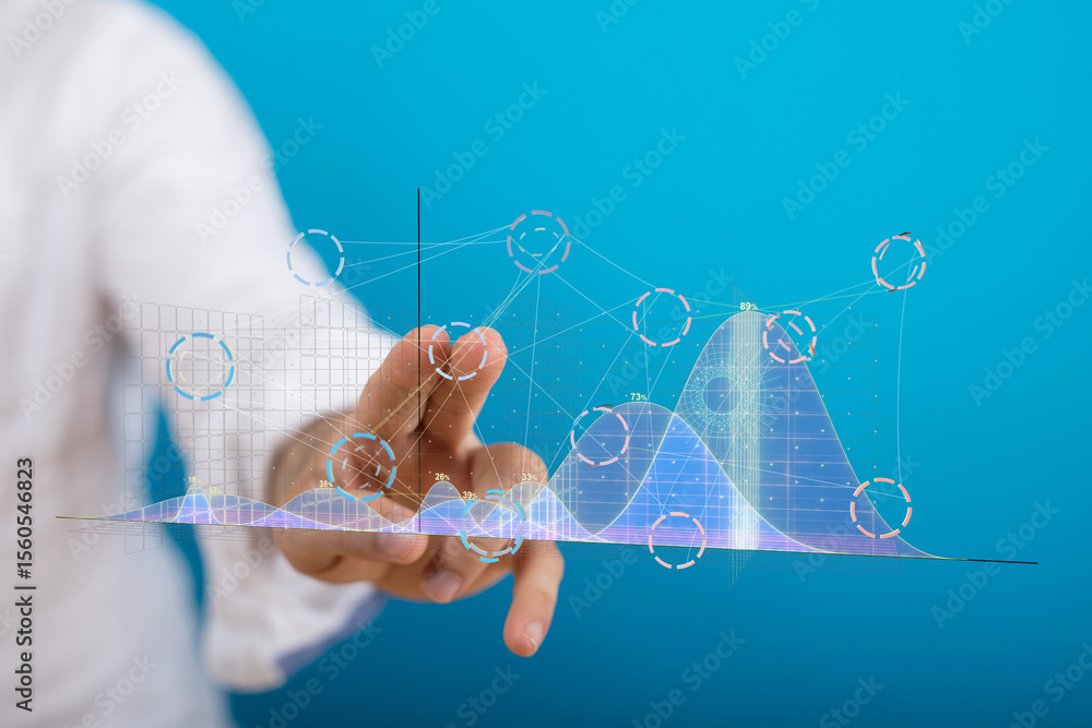Poster stock photo of a hand interacting with a digital graph showing business growth and data analysis.