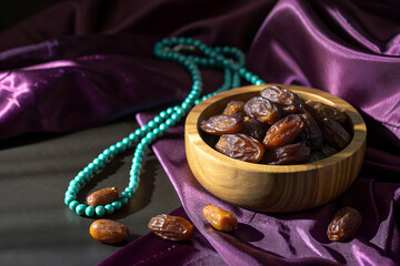 Dates in a Wooden Bowl with Teal Beads