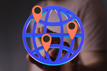 Illustrates worldwide connectivity and geolocation tracking. Ideal for tech, travel, and mapping.