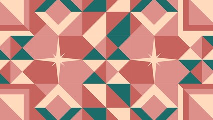 Geometric pattern with triangles squares and stars in pink green and beige tones