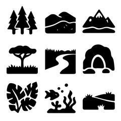 Predator Habitats Icons. Solid, filled icon set of predator habitats: dense forest, desert dunes, snowy mountain, savanna